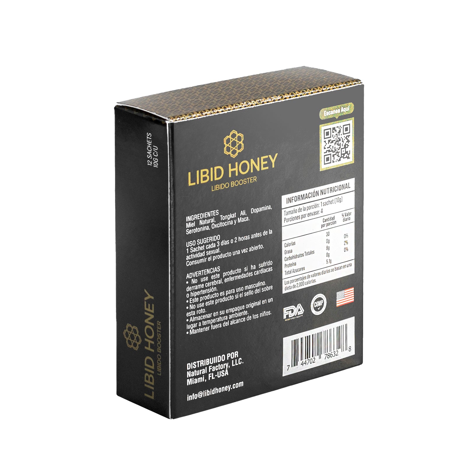 Libid Honey box from back in perspective. Libido Booster. Contains 12 sachet. 10 G each.