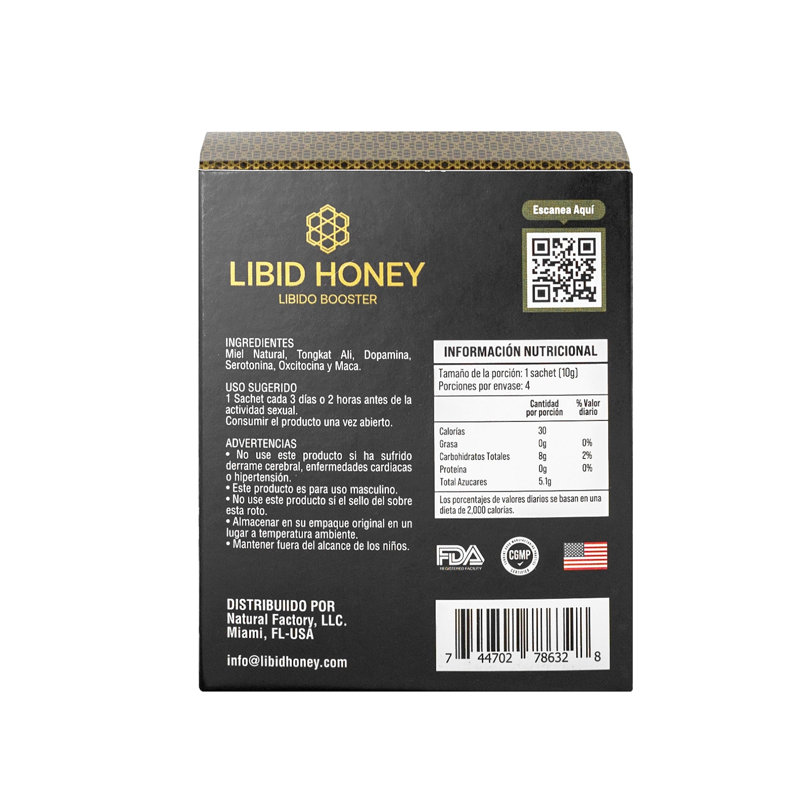 Libid Honey box from back. Libido Booster. Contains 12 sachet. 10 G each.